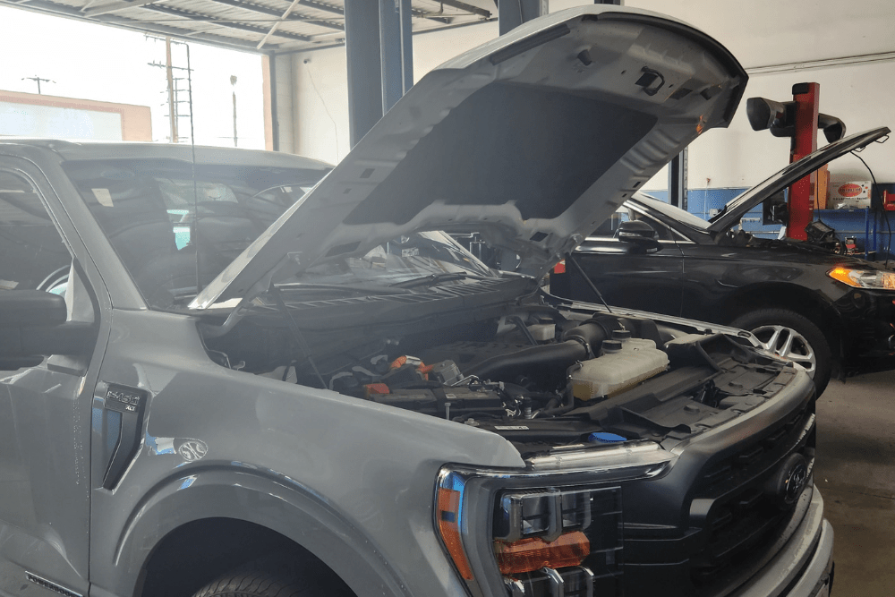 ford repair, auto repair in Van Nuys, CA at Sean's Auto Care. A white Ford truck undergoing an engine maintenance.